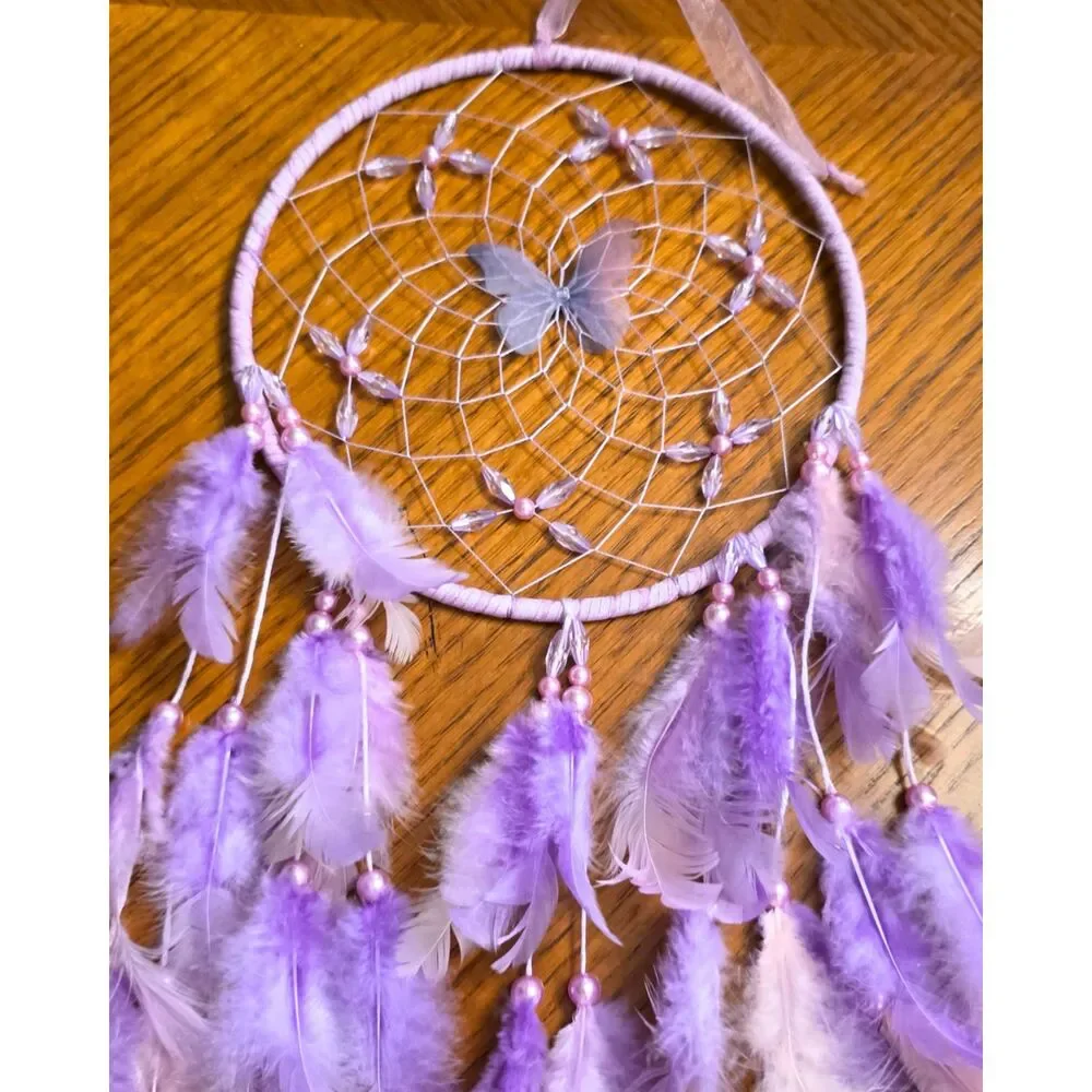 Lavender Butterfly Dreamcatcher - Purple Feathers & Crystal Bead Web Wall Decor